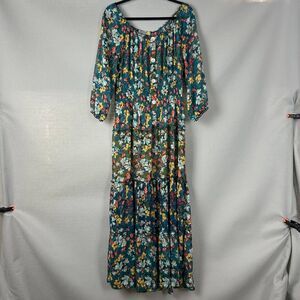 Figueroa & Flower Maxi Dress Large Green Floral Boho Tiered Button Front Long
